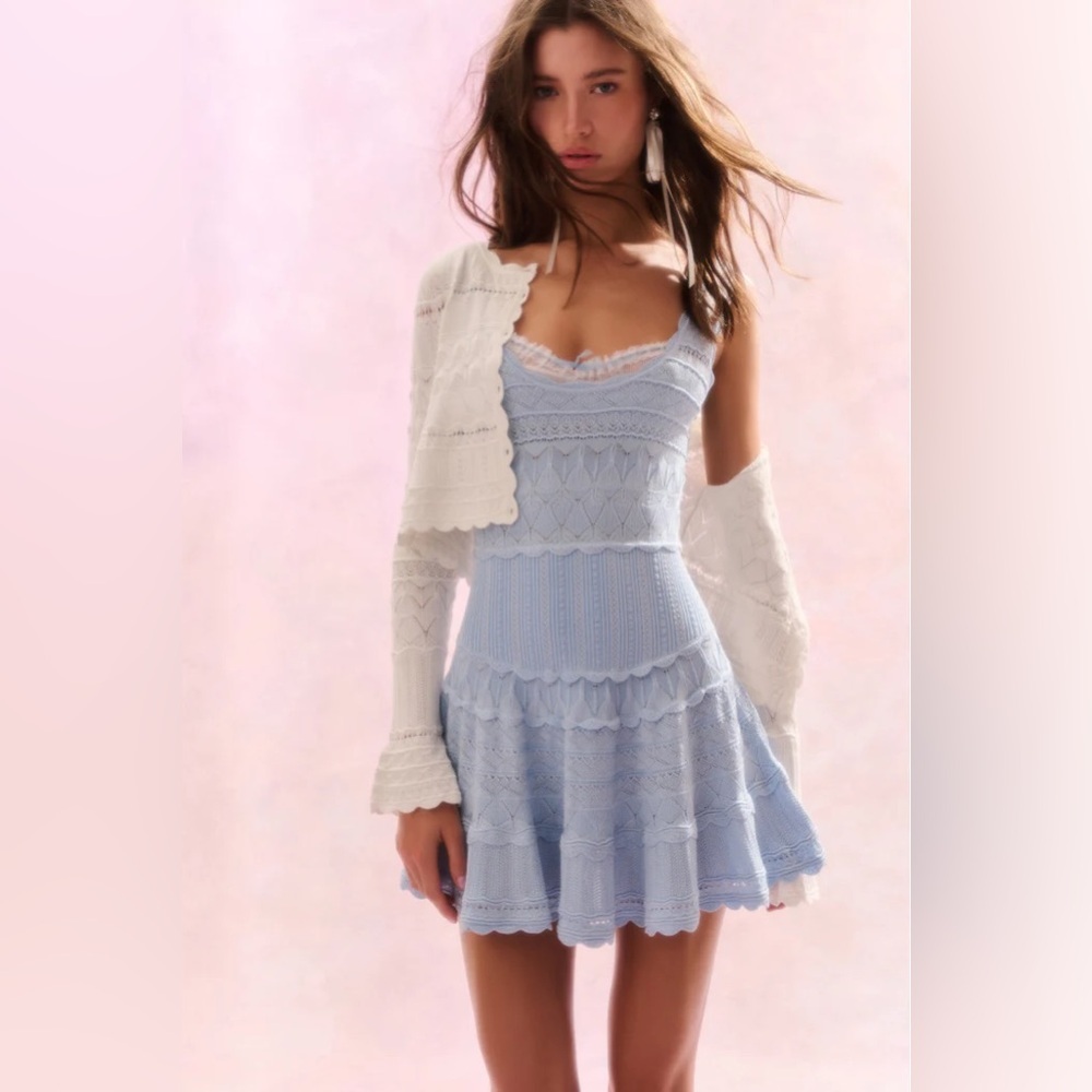 NEW LoveShackFancy Ronelle Pointelle Scallop Mini Dress Morning Tide Blue size S - Picture 1 of 12